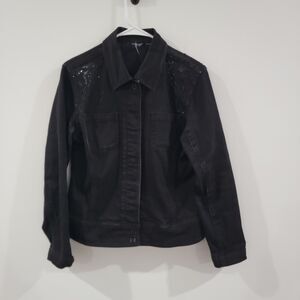 Womens‎ Jean Jacket Size Medium Black Embroidered Sequin Western Button Up